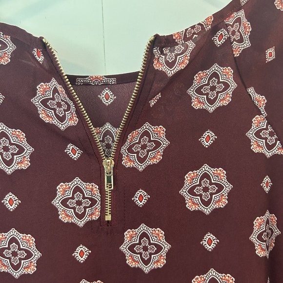 Papermoon Size M Womens Blouse Larie Crew Neck Burgundy Print Loose Sleeves -NEW - Picture 5 of 8
